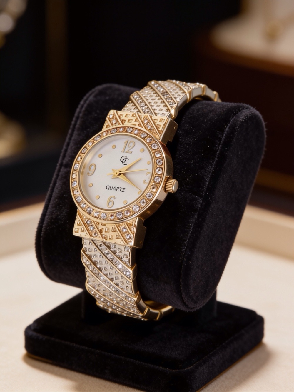 Woman’s Gem Covered Gold Tone Charming Charlie Cuff Watch